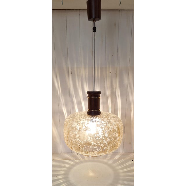 Metal Vintage Ceiling Lamp with Amber-Tinted Glass Shade on Mahogany and Brass Mount, 1980s For Sale - Image 7 of 7