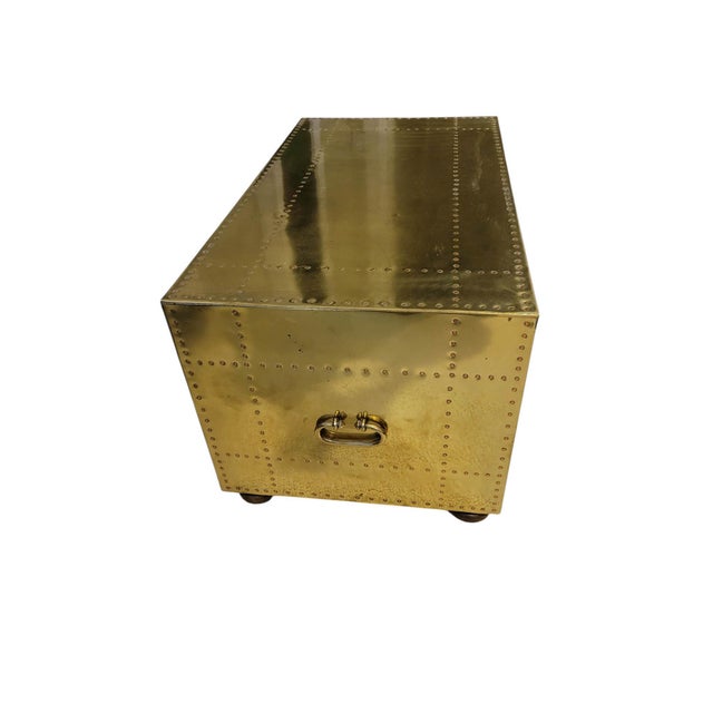 Brass 1970s Brass-Clad Riveted Campaign Trunk Coffee Table / 2-Drawer Chest For Sale - Image 8 of 11