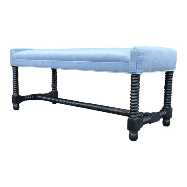 1970s Jacobean Revival Barley Twist Velvet Upholstered Bench For Sale - Image 10 of 11