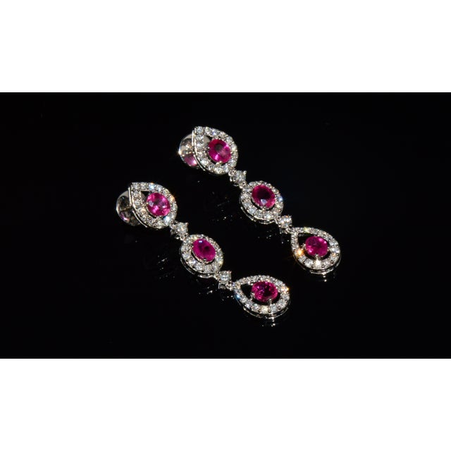 Modern Late 20th Century Pair of Gia 3.99ctw Natural Burma Ruby & Diamond 18k White Gold Dangle Earrings For Sale - Image 3 of 13