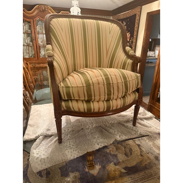 Louis XVI Style Pair of French Bergeres For Sale - Image 14 of 17