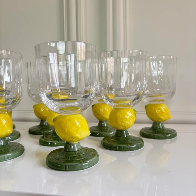 Glass Bordallo Pinheiro Style Green Stem Lemon Motif Hand Blown Fluted Glass Goblets - Set of 6 For Sale - Image 7 of 8