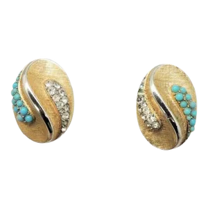 1949 Vintage Trifari Pave Faux-Turquoise & Clear Rhinestone Clip Earrings- 2 Pieces