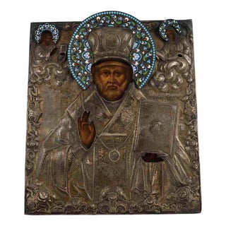 Wooden and Silver Icon St. Nicholas by Nizhny Novgorod, 1865 For Sale