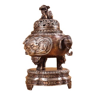 Chinese Bronze Tripod Censer With Mythical Beast Lid, Temple Size For Sale