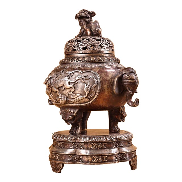 Chinese Bronze Tripod Censer With Mythical Beast Lid, Temple Size For Sale