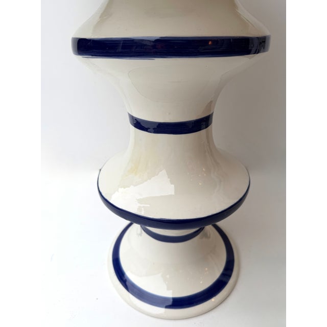 2020s Contemporary Pair of Blue and White Ceramic Stripe Side Tables. Italy For Sale - Image 5 of 12