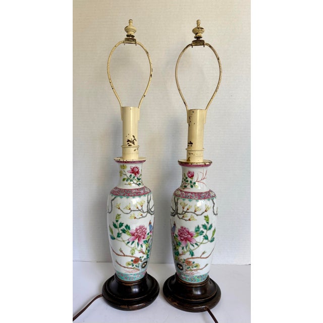 Vintage Chinese Chinoiserie Porcelain Table Lamps With Birds, Chrysanthemums & Pleated Shades - a Pair For Sale In Los Angeles - Image 6 of 12