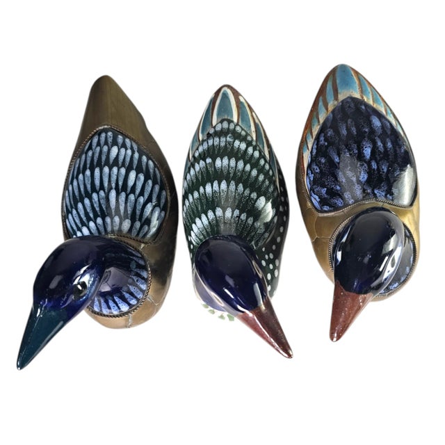Tonala Brass Duck Figurines Talavera Mexican Folk Art Set of 3 For Sale - Image 10 of 11