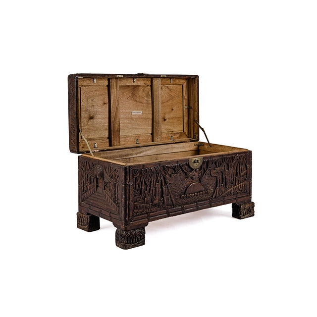 Early 20th Century 36" Vintage Antique Chinese Carved Camphor Chest Featuring Guan Yin For Sale - Image 5 of 18