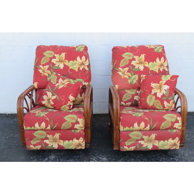 Classic Rattan Hollywood Regency Swivel Recliner Lounge Chairs a Pair