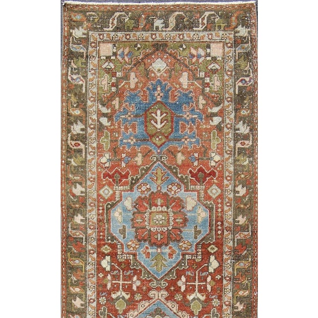 Sub-Geometric Medallion design Persian Heriz antique runner in olive, red, blue tones. Keivan Woven Arts / rug gng-4767,...