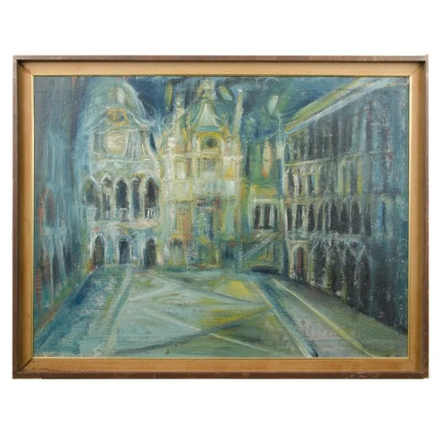 A large oil on masonite painting depicting a city view painting featuring a clock tower. Unsigned. Frame: 52.5" x 40"