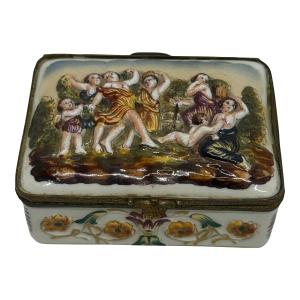 Late 19th Century Capodimonte Porcelain Hand-Painted Rectangle Shape Hindged Lid Trinket Box With Playing Maidens & Cherubs Design
