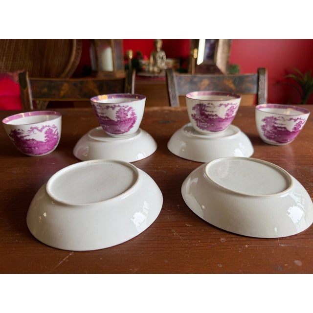 Rare Antique Set of Four Pink Lustre and Bat Printed Pearlware Handled Cups and Saucers, Attributed to Thomas Wolfe, Circa...