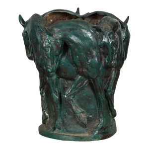 Late 20th Century Verdigris Bronze Planter with Frieze of Passing Horses Cast in High Relief