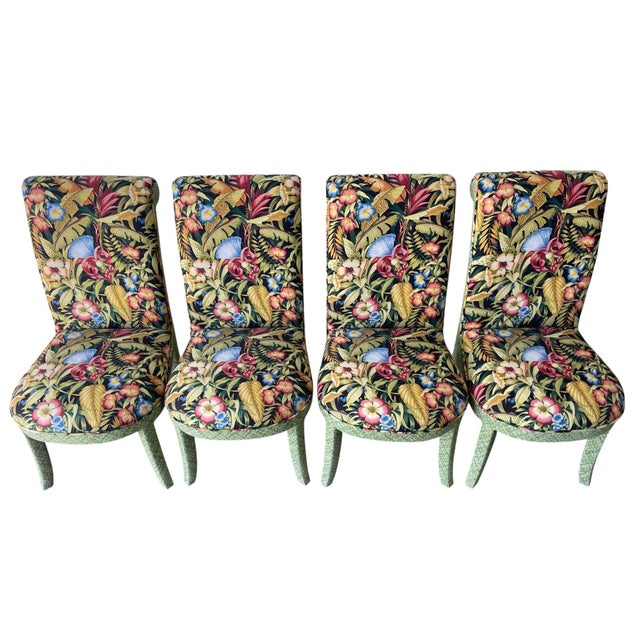 Parsons Style Dining Chairs With Rounded Apron and Tapered Legs in Tropical Botanical Upholstery, Set of 4 For Sale In Naples, FL - Image 6 of 12