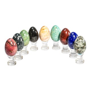 Collection Vintage Stone Specimen Egg 9 Polished Gemstone Eggs Display Stands Geological Mineral Display Cabinet of Curiosities Home Decor For Sale