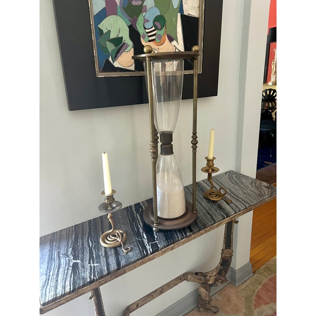 Glass Solid Brass and Glass Classic Hour Glass With Sphere Finials and Feet For Sale - Image 7 of 8