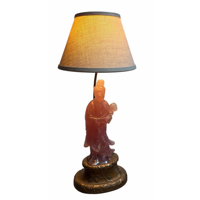 Antique Chinese Rose Quartz Goddess Sculpture Designer Table Lamp.