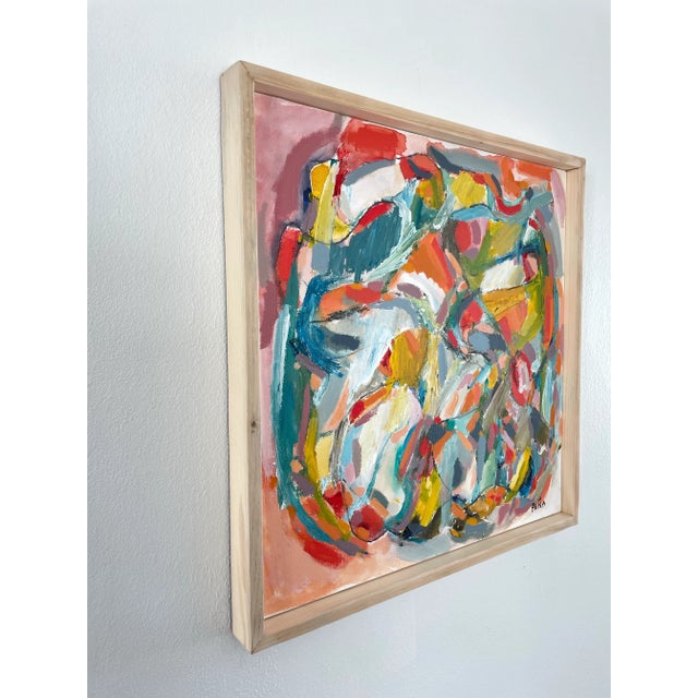 Framed acrylic on canvas. The painting features layered color in a variety of sheens with textured areas. The piece is...