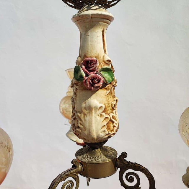 Vintage Glass and Metal Chandelier with Ceramic For Sale - Image 4 of 12