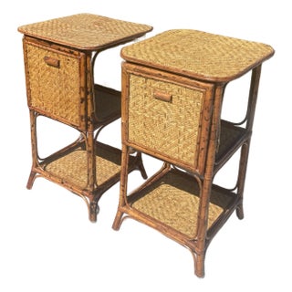 2 Vintage Rattan Bamboo Nightstands End Tables, Drop Down Shelf For Sale