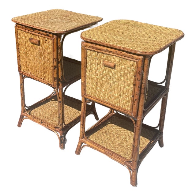 2 Vintage Rattan Bamboo Nightstands End Tables, Drop Down Shelf For Sale