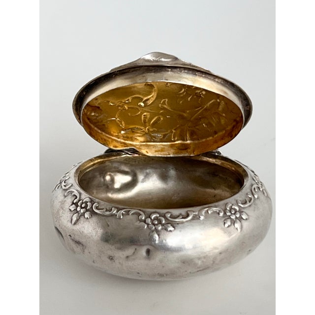 Late 19th Century Antique Art Nouveau Repoussé Silver 800 Pill Box With Gilt Interior, Circa 1900 For Sale - Image 5 of 12
