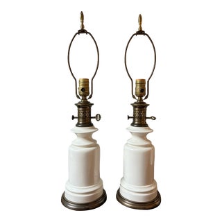 Mid Century Paul Hanson White Glass Brass Table Lamps, a Pair For Sale
