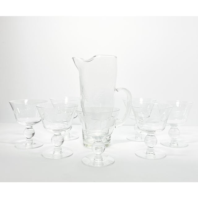 1950s Vintage MCM Etched Wheat 8-PC Cocktail Martini Liquor Pitcher/Glasses Set Good vintage condition. No chips, cracks,...