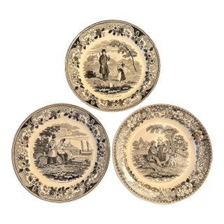 Antique 1840s Louis Lebeuf Montereau French Ivory Ironstone Plates- Set of 3 For Sale