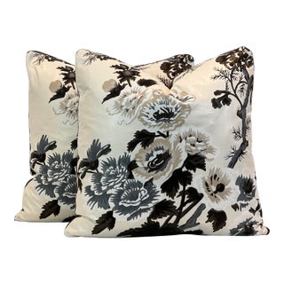 Designer Pyne Hollyhock Attributed to Schumacher 20” Feather/Down Pillows - A Pair For Sale