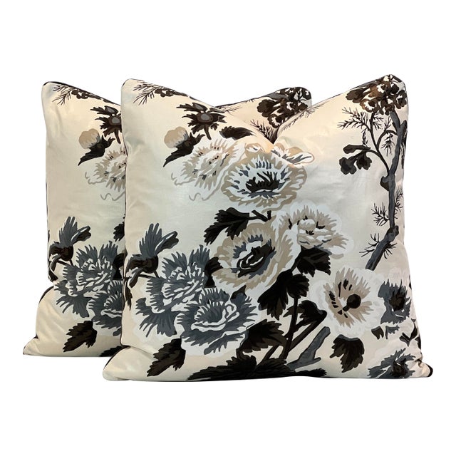 Designer Pyne Hollyhock Attributed to Schumacher 20” Feather/Down Pillows - A Pair For Sale