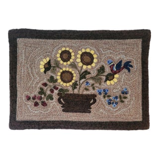 Sunflowers With Bird - Hand Hooked by Designer - 100% Wool / Linen Backing For Sale