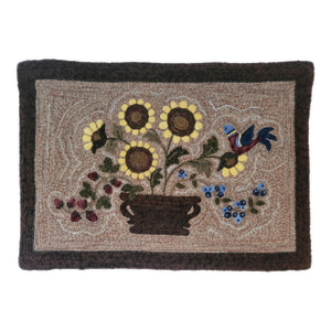 Sunflowers With Bird - Hand Hooked by Designer - 100% Wool / Linen Backing