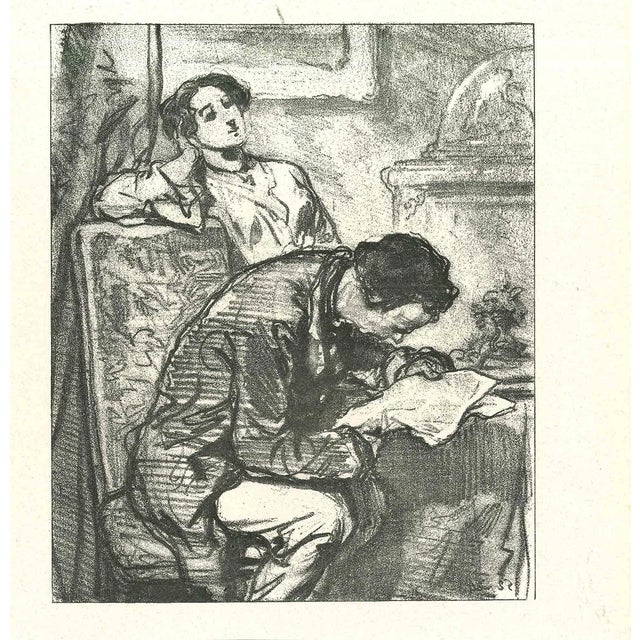 Paul Gavarni, Reading the News, Original Lithograph, 1881 For Sale