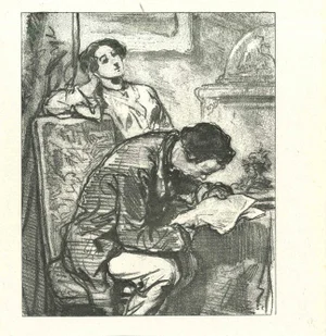Paul Gavarni, Reading the News, Original Lithograph, 1881