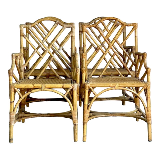 Vintage Boho Chinese Chippendale Bamboo Dining Arm Chairs - Set of 4 For Sale