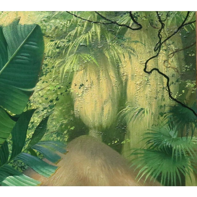 Early 21st Century Where the Jungle Speaks by Diego Glazer | Oil on panel Painting of a lush jungle with a thatched hut For Sale - Image 5 of 5