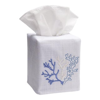 Blue Coral Tissue Box Cover in White Linen & Cotton, Embroidered For Sale