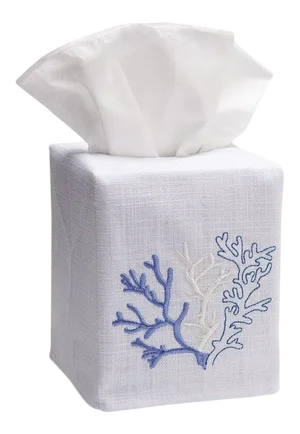 Blue Coral Tissue Box Cover in White Linen & Cotton, Embroidered