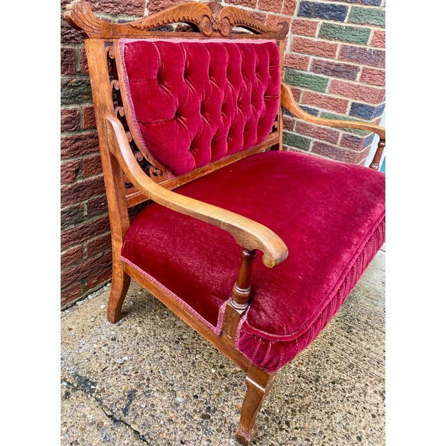 1950s Vintage Victorian-Style Wine Red Velvet Loveseat For Sale - Image 5 of 17