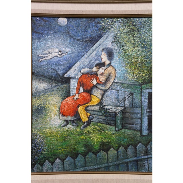 Textile Late 20th Century The Lovers Embrace at Moonlight Oil Painting After Marc Chagall 29" For Sale - Image 7 of 12