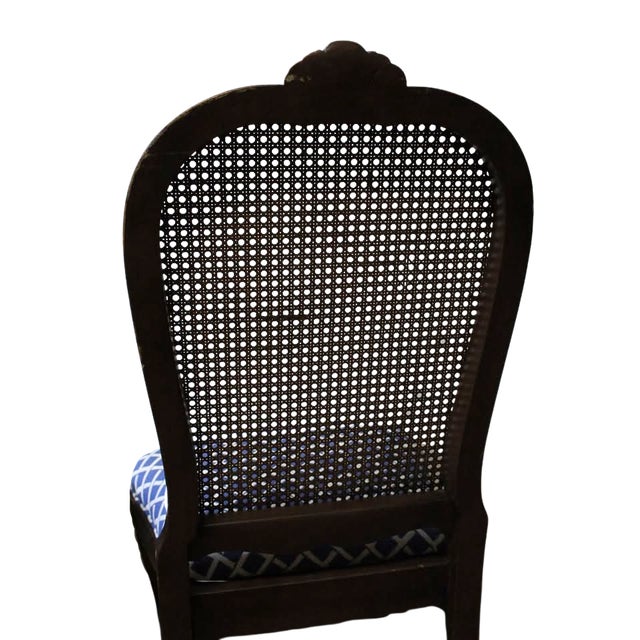 Wood Pair of Vintage French Provincial Cane Back Dining Chairs With Blue Upholstered Seats For Sale - Image 7 of 7