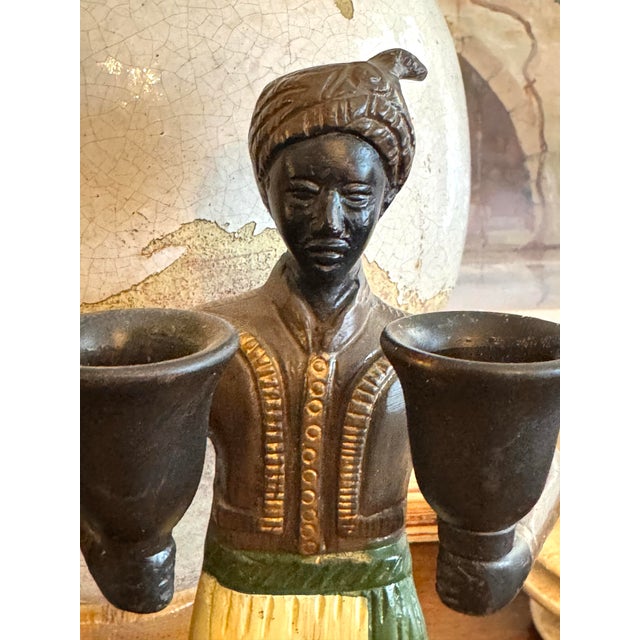 Metal Vintage Moorish Figural Double Candleholders, Pair – Hand Painted Cast Metal Candlesticks, Hollywood Regency Style For Sale - Image 7 of 10
