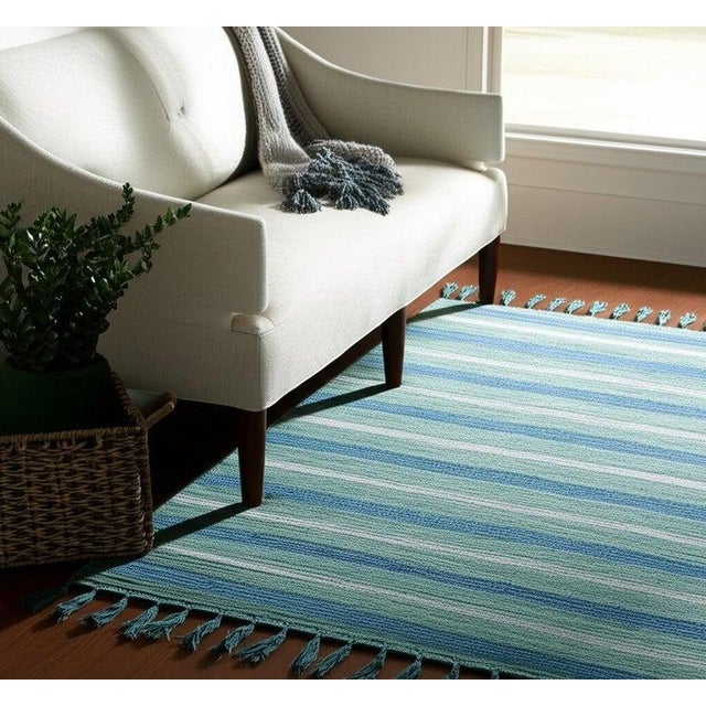 Indian 5x8 Blue Flat Weave Wool Bamboo Silk Coastal Horizon Striped Modern Carpet Rug For Sale - Image 3 of 7