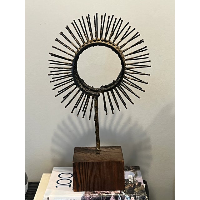 Bronze Mid-Century Brutalist Metal Sculpture – Geometric Spirals on Wood Base For Sale - Image 8 of 8