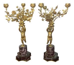 Pair of 19th Century Gilt Bronze Figural Putti Candelabras on Marble Base