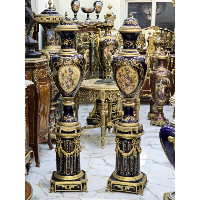 Rococo Pair of Sevres-Style Porcelain Vases on Pedestals For Sale - Image 3 of 10